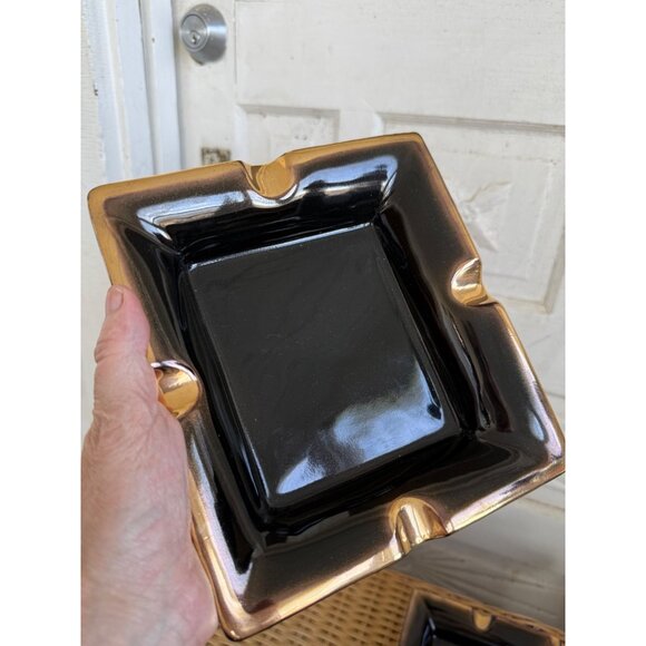 Vintage MCM Pair Stacking Cigar Ashtrays Black And Gold Ceramic - Picture 3 of 10